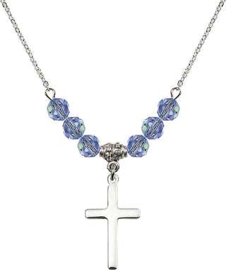 18" Rhodium Plated Necklace with 4mm Light Sapphire Crystal Beads featuring a Sterling Silver Cross Medal.