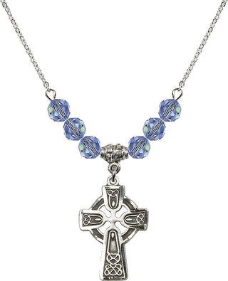 18" Rhodium Plated Necklace with 4mm Light Sapphire Crystal Beads featuring a Sterling Silver Celtic Cross Medal.