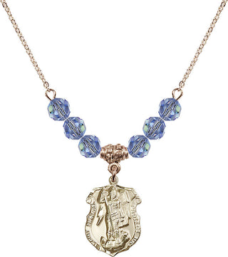 18" Hamilton Gold Plated Necklace with 4mm Light Sapphire Crystal Beads featuring a 14kt Gold Filled Saint Michael the Archangel Medal. Engraved Catholic Saint Jewelry
