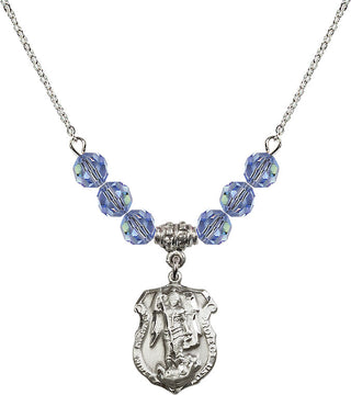 18" Rhodium Plated Necklace with 4mm Light Sapphire Crystal Beads featuring a Sterling Silver Saint Michael the Archangel Medal. Engraved Catholic Saint Jewelry