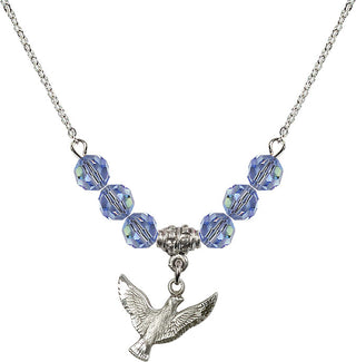 18" Rhodium Plated Necklace with 4mm Light Sapphire Crystal Beads featuring a Sterling Silver Holy Spirit Medal.
