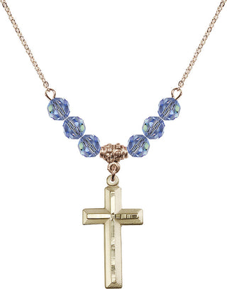 18" Hamilton Gold Plated Necklace with 4mm Light Sapphire Crystal Beads featuring a 14kt Gold Filled Cross Medal. Engraved Catholic Saint Jewelry