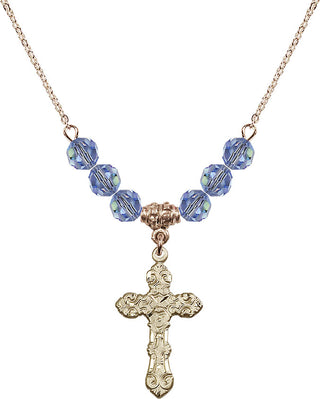 18" Hamilton Gold Plated Necklace with 4mm Light Sapphire Crystal Beads featuring a 14kt Gold Filled Cross Medal. Engraved Catholic Saint Jewelry
