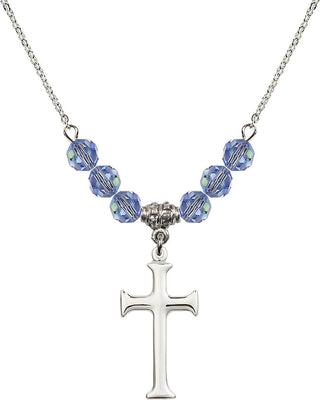 18" Rhodium Plated Necklace with 4mm Light Sapphire Crystal Beads featuring a Sterling Silver Cross Medal. Engraved Catholic Saint Jewelry