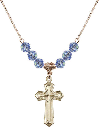 18" Hamilton Gold Plated Necklace with 4mm Light Sapphire Crystal Beads featuring a 14kt Gold Filled Cross Medal. Engraved Catholic Saint Jewelry