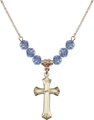 18" Hamilton Gold Plated Necklace with 4mm Light Sapphire Crystal Beads featuring a 14kt Gold Filled Cross Medal. Engraved Catholic Saint Jewelry