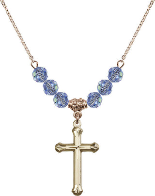 18" Hamilton Gold Plated Necklace with 4mm Light Sapphire Crystal Beads featuring a 14kt Gold Filled Cross Medal. Engraved Catholic Saint Jewelry