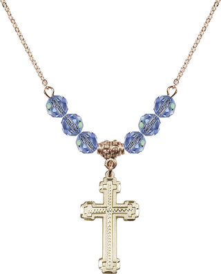 18" Hamilton Gold Plated Necklace with 4mm Light Sapphire Crystal Beads featuring a 14kt Gold Filled Cross Medal.
