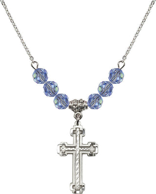 18" Rhodium Plated Necklace with 4mm Light Sapphire Crystal Beads featuring a Sterling Silver Cross Medal.
