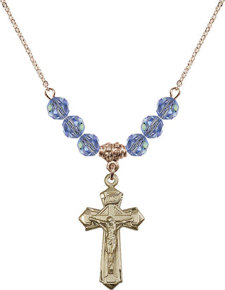 18" Hamilton Gold Plated Necklace with 4mm Light Sapphire Crystal Beads featuring a 14kt Gold Filled Crucifix Medal.