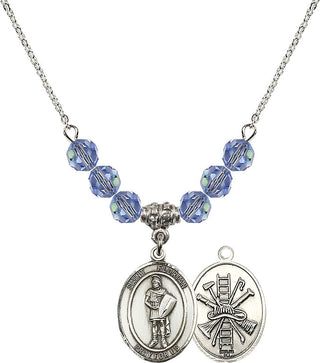 18" Rhodium Plated Necklace with 4mm Light Sapphire Crystal Beads featuring a Sterling Silver Saint Florian/Firefighter Medal.