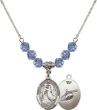 18" Rhodium Plated Necklace with 4mm Light Sapphire Crystal Beads featuring a Sterling Silver Saint Joseph of Cupertino/Heleco Medal.