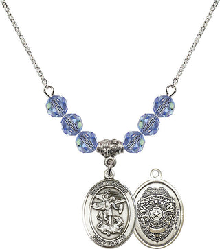 18" Rhodium Plated Necklace with 4mm Light Sapphire Crystal Beads featuring a Sterling Silver Saint Michael the Archangel Medal.