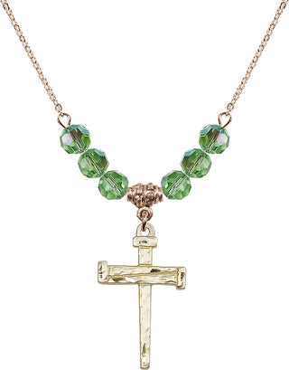 18" Hamilton Gold Plated Necklace with 4mm Peridot Crystal Beads featuring a 14kt Gold Filled Nail Cross Medal.