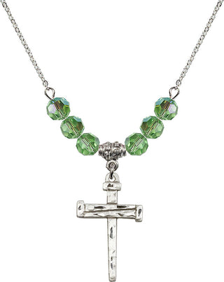 18" Rhodium Plated Necklace with 4mm Peridot Crystal Beads featuring a Sterling Silver Nail Cross Medal.