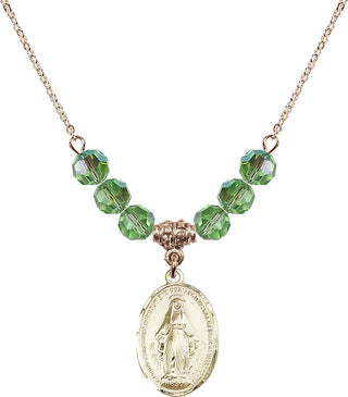 18" Hamilton Gold Plated Necklace with 4mm Peridot Crystal Beads featuring a 14kt Gold Filled Miraculous Medal.