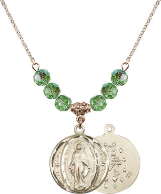 18" Hamilton Gold Plated Necklace with 4mm Peridot Crystal Beads featuring a 14kt Gold Filled Miraculous Medal.