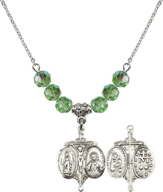 18" Rhodium Plated Necklace with 4mm Peridot Crystal Beads featuring a Sterling Silver Novena Medal.
