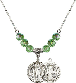 18" Rhodium Plated Necklace with 4mm Peridot Crystal Beads featuring a Sterling Silver Saint Benedict Medal.