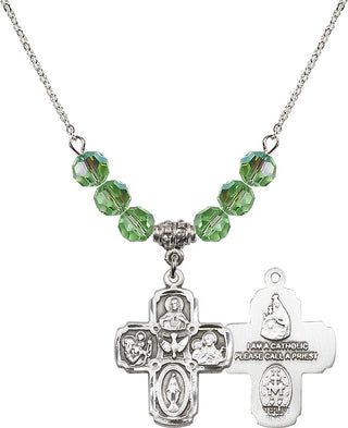 18" Rhodium Plated Necklace with 4mm Peridot Crystal Beads featuring a Sterling Silver 5-Way Medal.