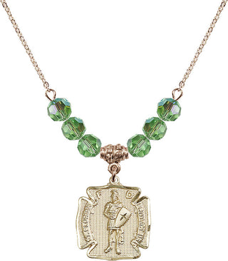 18" Hamilton Gold Plated Necklace with 4mm Peridot Crystal Beads featuring a 14kt Gold Filled Saint Florian Medal. Engraved Catholic Saint Jewelry