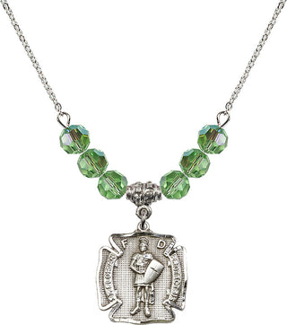 18" Rhodium Plated Necklace with 4mm Peridot Crystal Beads featuring a Sterling Silver Saint Florian Medal. Engraved Catholic Saint Jewelry