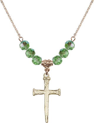 18" Hamilton Gold Plated Necklace with 4mm Peridot Crystal Beads featuring a 14kt Gold Filled Nail Cross Medal.