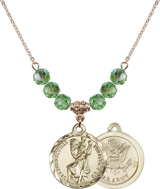 18" Hamilton Gold Plated Necklace with 4mm Peridot Crystal Beads featuring a 14kt Gold Filled Saint Christopher / Army Medal.