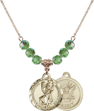 18" Hamilton Gold Plated Necklace with 4mm Peridot Crystal Beads featuring a 14kt Gold Filled Saint Christopher / Navy Medal.
