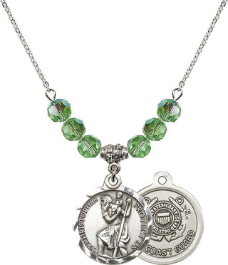 18" Rhodium Plated Necklace with 4mm Peridot Crystal Beads featuring a Sterling Silver Saint Christopher / Coast Guard Medal.