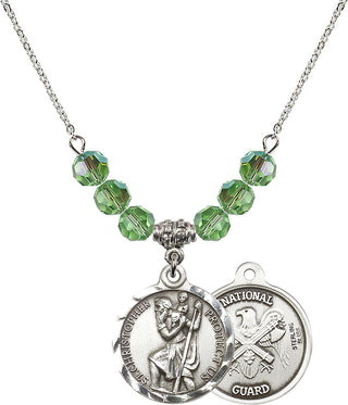 18" Rhodium Plated Necklace with 4mm Peridot Crystal Beads featuring a Sterling Silver Saint Christopher / Nat'l Guard Medal.
