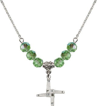 18" Rhodium Plated Necklace with 4mm Peridot Crystal Beads featuring a Sterling Silver Saint Brigid Cross Medal.