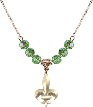 18" Hamilton Gold Plated Necklace with 4mm Peridot Crystal Beads featuring a 14kt Gold Filled Fleur de Lis Medal.