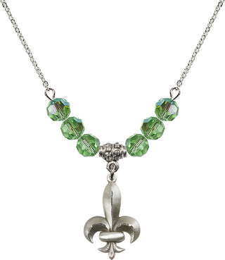 18" Rhodium Plated Necklace with 4mm Peridot Crystal Beads featuring a Sterling Silver Fleur de Lis Medal.