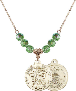 18" Hamilton Gold Plated Necklace with 4mm Peridot Crystal Beads featuring a 14kt Gold Filled Saint Michael / Air Force Medal.