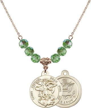 18" Hamilton Gold Plated Necklace with 4mm Peridot Crystal Beads featuring a 14kt Gold Filled Saint Michael / Army Medal.