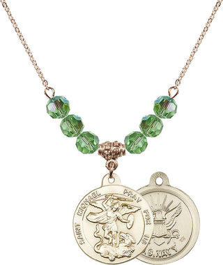 18" Hamilton Gold Plated Necklace with 4mm Peridot Crystal Beads featuring a 14kt Gold Filled Saint Michael / Navy Medal.