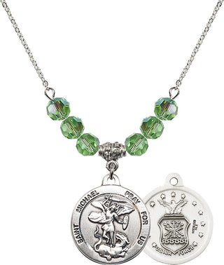 18" Rhodium Plated Necklace with 4mm Peridot Crystal Beads featuring a Sterling Silver Saint Michael / Air Force Medal.