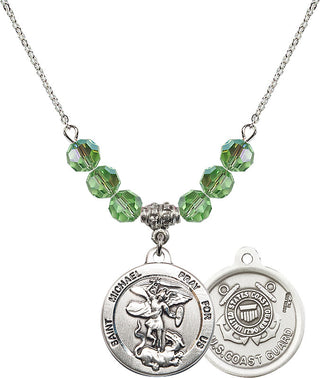 18" Rhodium Plated Necklace with 4mm Peridot Crystal Beads featuring a Sterling Silver Saint Michael / Coast Guard Medal.