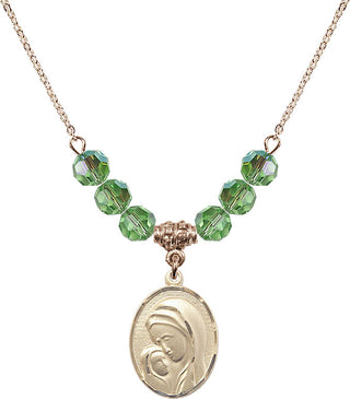 18" Hamilton Gold Plated Necklace with 4mm Peridot Crystal Beads featuring a 14kt Gold Filled Madonna & Child Medal.