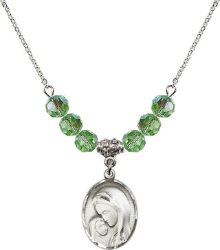 18" Rhodium Plated Necklace with 4mm Peridot Crystal Beads featuring a Sterling Silver Madonna & Child Medal.