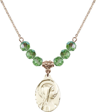 18" Hamilton Gold Plated Necklace with 4mm Peridot Crystal Beads featuring a 14kt Gold Filled Sorrowful Mother Medal.