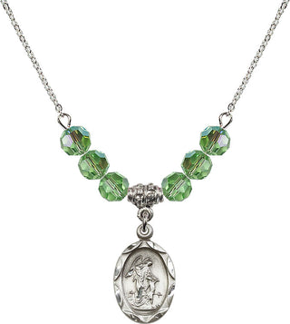 18" Rhodium Plated Necklace with 4mm Peridot Crystal Beads featuring a Sterling Silver Guardian Angel Medal. Engraved Catholic Saint Jewelry