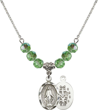 18" Rhodium Plated Necklace with 4mm Peridot Crystal Beads featuring a Sterling Silver Miraculous Medal.