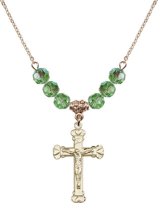 18" Hamilton Gold Plated Necklace with 4mm Peridot Crystal Beads featuring a 14kt Gold Filled Crucifix Medal.