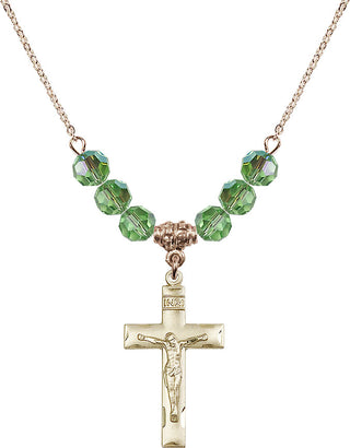 18" Hamilton Gold Plated Necklace with 4mm Peridot Crystal Beads featuring a 14kt Gold Filled Crucifix Medal.