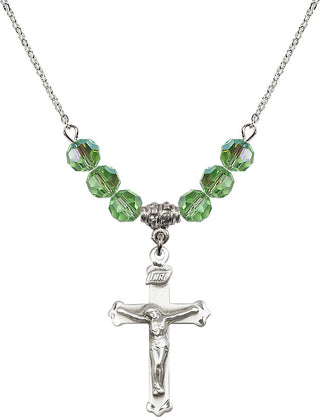 18" Rhodium Plated Necklace with 4mm Peridot Crystal Beads featuring a Sterling Silver Crucifix Medal.