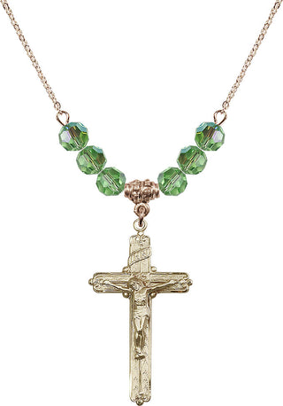 18" Hamilton Gold Plated Necklace with 4mm Peridot Crystal Beads featuring a 14kt Gold Filled Crucifix Medal.
