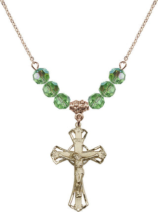 18" Hamilton Gold Plated Necklace with 4mm Peridot Crystal Beads featuring a 14kt Gold Filled Crucifix Medal.