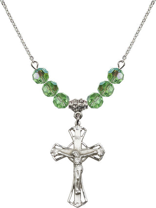 18" Rhodium Plated Necklace with 4mm Peridot Crystal Beads featuring a Sterling Silver Crucifix Medal.